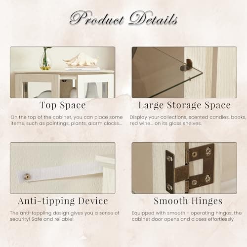 44" Small Lighted Glass Accent Curio Cabinet, Vintage China Cage with 2 Tempered Glass Doors & Adjustable Shelves, Acrylic Pane, Elegant Wine Artwork Showcase Rack for Living Room (Antique White) 6