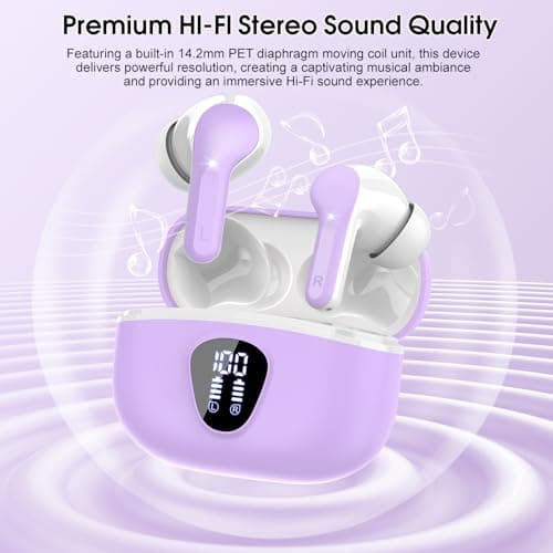 Wireless Earbuds, Bluetooth 5.4 Headphones HiFi Stereo, Bluetooth Earbuds with ENC Noise Cancelling Mic, IP7 Waterproof in Ear Earphones, 48H, LED Display Ear buds for Pad Workout Sports, Purple 5