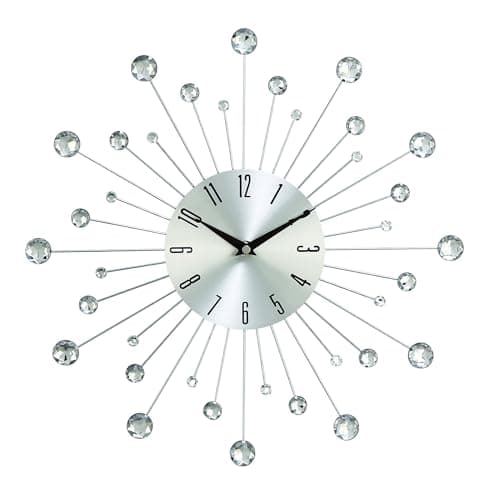 Deco 79 Metal Starburst Decorative Wall Clock With Crystal Accents for Home and Room, 15" x 2" x 15", Silver