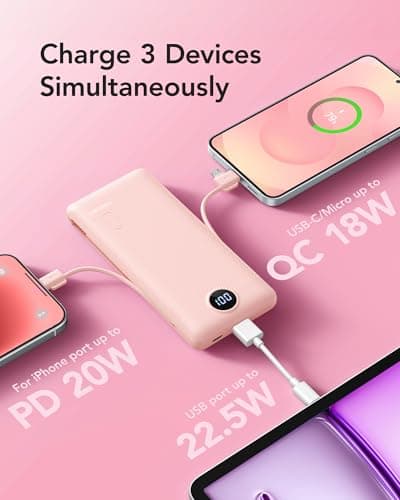 VRURC Portable Charger Power Bank - 10000mAh Fast Charging 22.5W PD 20W Portable Charger with Built in Cables, Portable Charger with Cords External Charger Travel Accessories-Pink 6