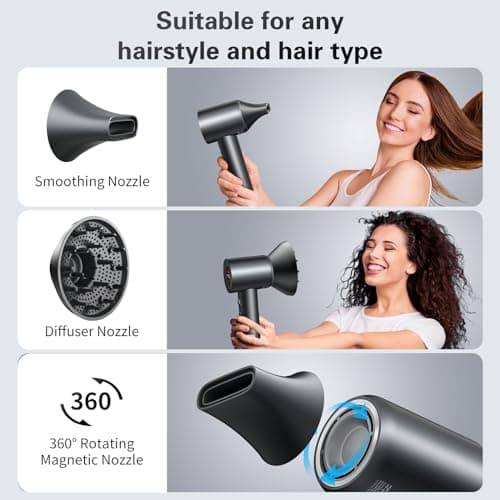 Hair Dryer, Negative Ionic Blow Dryer with 160, 000 RPM Professional High-Speed Blow Dryer, Brushless Motor for Fast Drying, Low Noise Thermo-Control Hairdryer with Magnetic Nozzle 6
