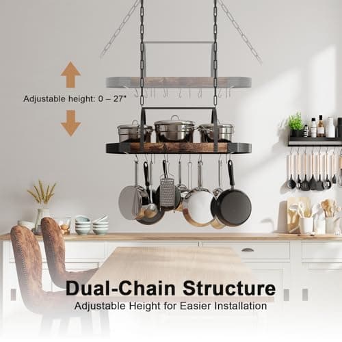 Chloraeon Hanging Pot Rack,32-Inch Ceiling Pot Rack for Kitchen,Space-Saving Pot Hanger with 16 Detachable S Hooks,Sturdy Metal Frame,Industrial Style,for Pot, Pan Storage,Space-Saving 5