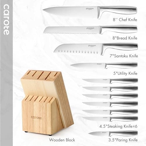 CAROTE 12-Piece Knife Set, All-Stainless Steel Knife Block Set, Kitchen Knives with Wooden Block, Razor-Sharp and Ergonomic, Dishwasher Safe 2