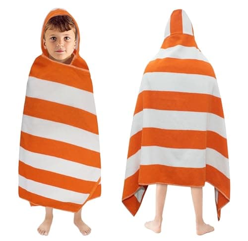 ORIGINAL KIDS Hooded Bath Towel Wrap - 100% Cotton Terry Large Oversized Hooded Kids Towel - Toddler Shower Pool Beach Towel - Soft Plush Absorbent Quick Dry Easycare Gift -30x60- Cabana Stripe Orange