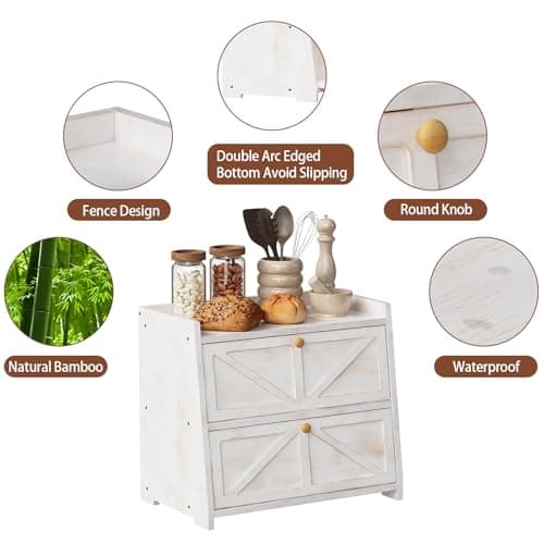 Trironsun Vintage Double Layer Bread Box for Kitchen Counter Bamboo Bread Storage Container Large Capacity Bread Storage Bin (Antique White) 8