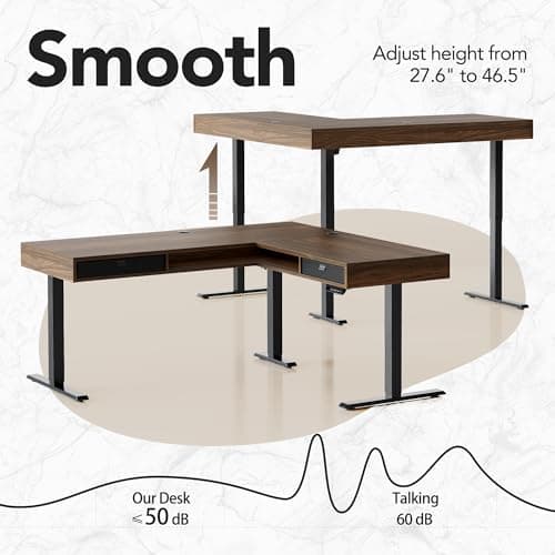 HUANUO Electric L Shaped Standing Desk, 63″x55″ Height Adjustable Corner Computer Desk with 2 Under Desk Drawers & Open Storage Sapce, Sit Stand Up Table with Power Strip Tray & Cable Grommets, Walnut 5