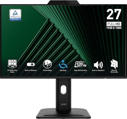 MSI PRO MP272PMG, 24-inch IPS 1920 x 1080 (FHD) Computer Monitor, 120Hz, Webcam, Adaptive-Synch, EPEAT Silver, HDMI, DisplayPort, VGA Port, VESA Mountable, Tilt, Height Adjustable, Speaker, 1ms, Black