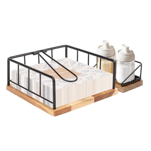 Livabber Flat Napkin Holder, Metal Kitchen Napkin Storage with Weighted Tension Arm Rustic Tissue Paper Dispenser for Countertop, Table Kitchen, Dining Room (with Wooden Base, Black Napkin Holder Set)