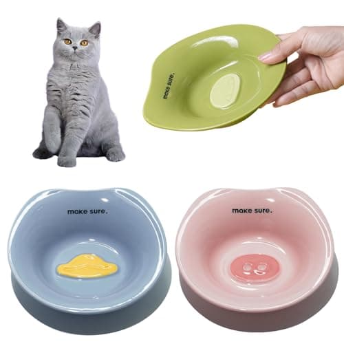 Whisker Friendly Ceramic Cat Food Bowls, Pack of 3 Dishes and Plates for Feeding Indoor Cats and Kittens