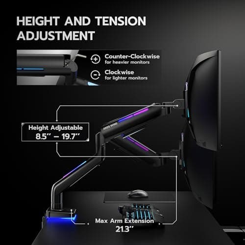 Ultrawide Monitor arm for 17-49'' Heavy Duty Screen up to 44lbs, Gas Spring Single Monitor Arm with RGB Light, Adjustable Gaming Computer Monitor Arm for Desk, Black 6