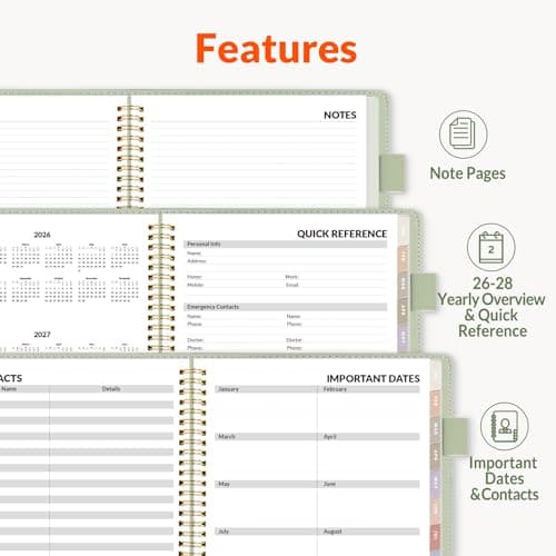 SUNEE 2026-2027 Weekly & Monthly Planner 6.4"x8.5" - 12 Month (July 2026 - June 2027), Vegan Leather Cover Planner Academic Year Calendar, Pocket, Notes, Monthly Tab, Green 5