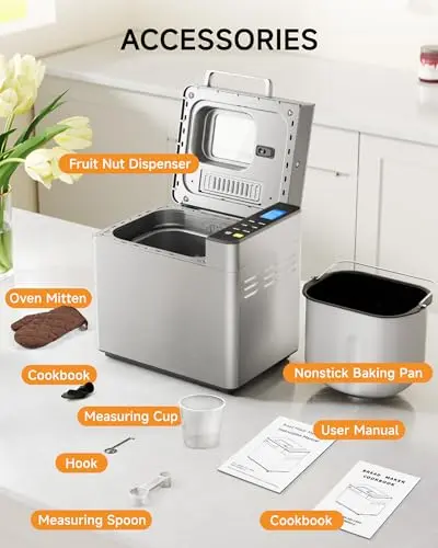 Gleedelish 2LB Bread Maker Machine, 25 in 1 Programmable Bread Maker, Bread Machine with Fruits & Nuts Dispenser for Beginner, Breadmaker with Nonstick Ceramic Pan, Gluten-Free, Recipe, Gifts 9