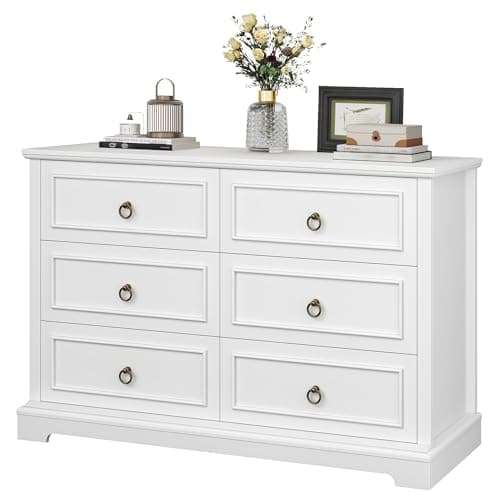 HOSTACK 6 Drawers Dresser for Bedroom, White Dressers & Chests of Drawers, 47.2" Wide Wood Double Dresser, Modern Farmhouse Storage Dressers, 6 Drawer Chest for Living Room, Entryway, Hallway