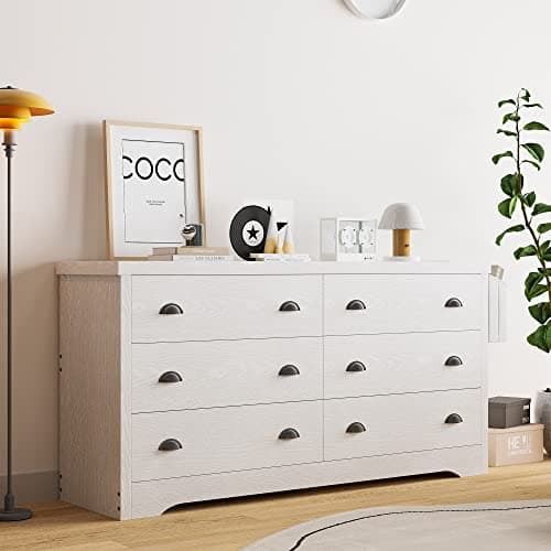 LIKIMIO Dresser for Bedroom 6 Drawer with Charging Station, TV Stand Storage Chest of Drawers for Living Room Hallway Entryway, MDF Board, White