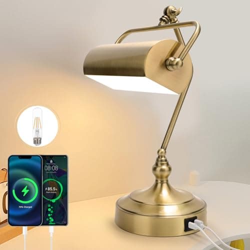CONCA Classic Antique Touch Adjustable Desk Lamp, Banker Lamp, Piano Lamp, Eye Protection Table Lamp with Output Charging Port (LED Bulb Included in Package) (Bronze)