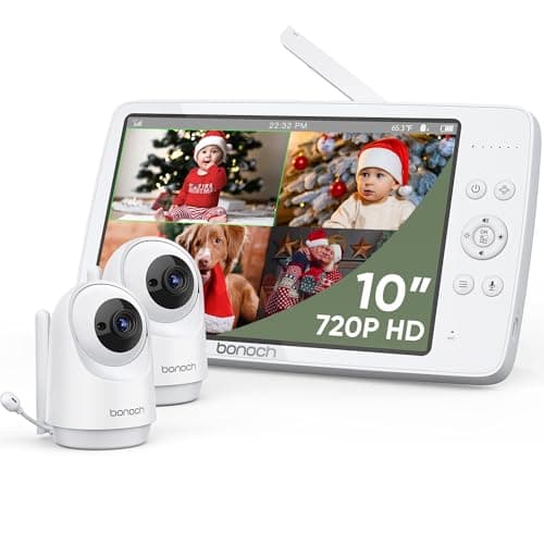 bonoch MegaView Baby Monitor, 10" Video Monitor with 2 Cameras, 10000mAh Battery, Quad Split Screen Baby Monitor with Camera and Audio, VOX Mode, Auto Night Vision, Remote PTZ, Hack Proof