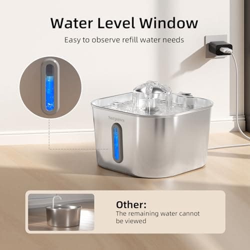 SARPAWS Cat Water Fountain Stainless Steel：74oz/2.2L Water Fountains for Cats Indoor, Cat Fountains for Drinking, Ultra-Quiet, Water Level Window, Pet Water Fountain - 2 Filters + 2 Sponges 7