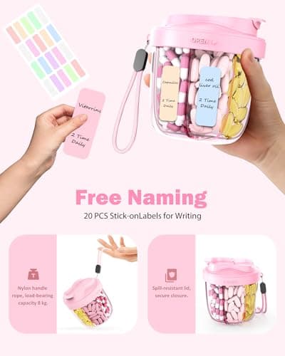Cute Pill Organizer,Pill Dispenser with 7 Large Compartments,Portable Pill Bottle Box with Wide Opening for Easy Use, Anti-Mix Pills Organizer for Travel,Includes 20 Pcs Sticky Labels（Pink） 8