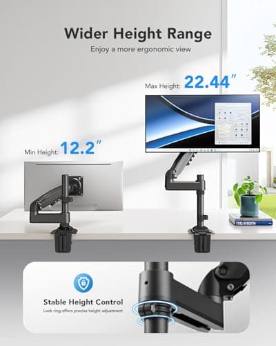 HUANUO Single Monitor Arm, Adjustable Desk Mount for 13-34 inch Screens, Holds 19.8lb, 22.44 inch Max Height, Full Motion Swivel Gaming Monitor Stand with VESA 75x75mm and 100x100mm Compatibility 6