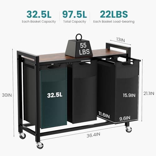 OLIXIS Laundry Hamper, Laundry Sorter with Shelf, Clothes Basket Organizer with 3 Pull-Out and Removable Bags, Movable Wheels for Laundry Room Bathroom Bedroom, 3 × 8.6 Gal (97.5L), Metal Frame, Black 5