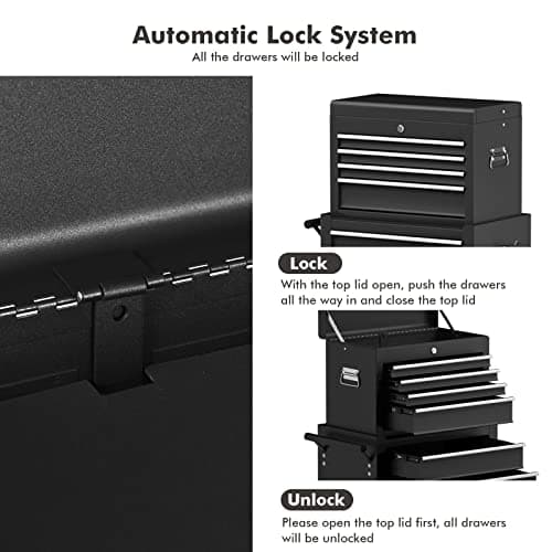 Goplus Rolling Tool Chest, 6-Drawer Tool Box Organizer w/Auto Locking System & Lockable Wheels & Sliding Drawers & Detachable Top, Tool Storage Cabinet for Garage Workshop (Black) … 5