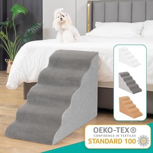 Uross Dog Stairs for Small Dogs- 5 Steps Ramps for High Bed Couch, High Density Foam Pet Stairs to Get on Bed, 5 Tiers Cat Doggy Steps Ramps for Joint Pain Dog(Gray) 5