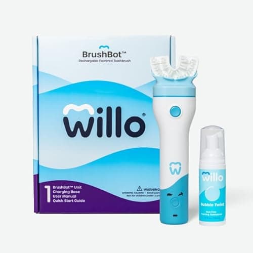 Willo BrushBot Kids U-Shaped Toothbrush Starter Kit - Automatic Toothbrush for Kids, 2 Minute Timer, App Connectivity, Soft Bristles, Rechargeable, Plaque Removal - Medium Bubble Fluoride & Dye-Free