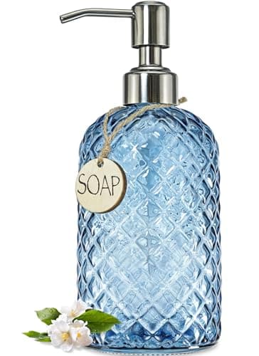 JASAI 18Oz Gem Patterned Glass Soap Dispenser for Kitchen and Bathroom, Refillable with Rust Proof Stainless Steel Pump (Blue)