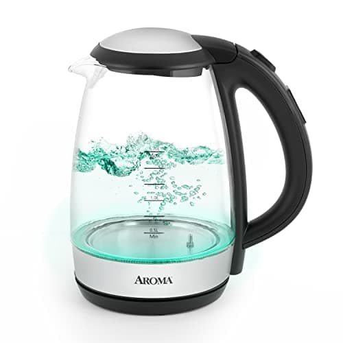 Aroma Housewares 7-Cup Digital Glass Electric Kettle with Cordless Pouring, One-Touch Operation, Automatic Shut-off (AWK-162BD), Transparent Glass, 1.7 Liter