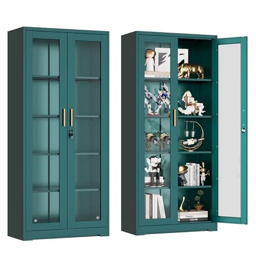 UNICOLY Lockable Display Cabinet with Glass Doors, Curio Cabinets with 4 Adjustable Shelves, Liquor Bookcase Bookshelf with Doors, Metal Storage Cabinet for Living Room Pantry, Green