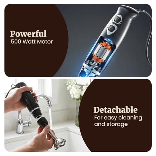 Elite Gourmet EHB1015 Immersion Hand Blender 500 Watts 2 Speed Mixing with Stainless Steel Blades, Detachable Wand Stick Mixer, Smoothies, Baby Food, Soup, Black 5