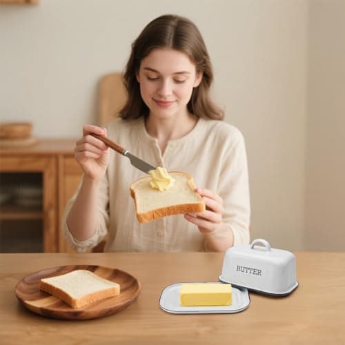 Suwimut Enamel Butter Dish with Lid for Countertop Refrigerator, Vintage White Butters Holder Tray, Black Rim Enameled Metal Covered Butters Keeper Container for East West Coast Butter Stick 6