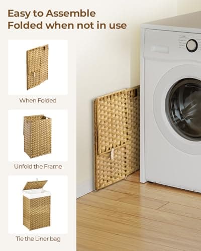 GREENSTELL Laundry Hamper with Lid, 60L Clothes Hamper with 2 Removable Liner Bags & 2 Mesh Laundry Bags, Handwoven Synthetic Rattan Laundry Basket for Clothes, Toys in Bathroom, Bedroom Natural 7