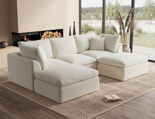 ohllob 110" Cloud Sectional Couches for Living Room, Boneless U Shaped Couch with Ottoman, 3 Seater Modular Sectional Sofa, Warm White