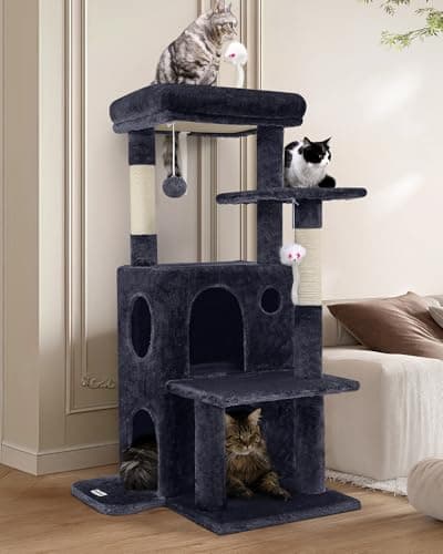 Globlazer Cat Tree Tower for Indoor Cats, 50-inch Adult Cat Tree House for Large Adult Cats with Steps, Scratching Post, 2 Cat Caves, Dangling Toys, FC50, Dark Grey