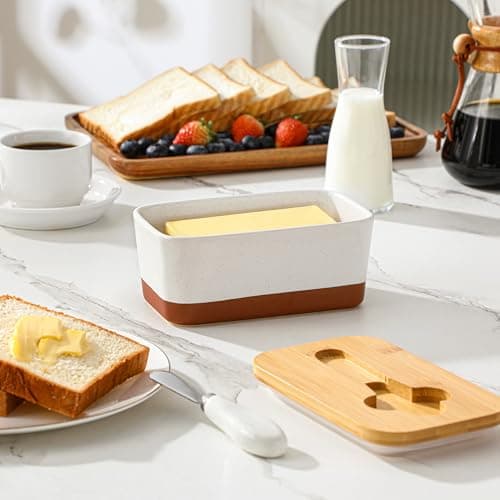 MALACASA Butter Dish with Lid, Large Butter Dish for Countertop, Ceramic Butter Keeper Container with Knife and Bamboo Lid, White, Series TARA 5