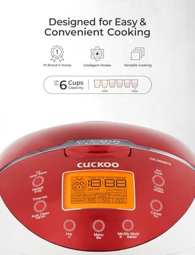 CUCKOO Micom Rice Cooker 6 Cup Uncooked / 12 Cup Cooked, Fuzzy Logic Rice Maker with Delay Timer & Keep Warm Setting, Versatile Food Steamer for Cooking, Non-Stick Inner Pot, Red (CR-0655F) 7