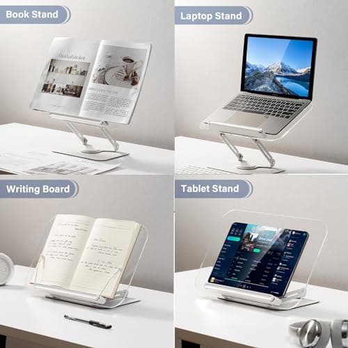 BYMECOST Acrylic Book Stand for Reading, Adjustable Book Holder with 360° Rotating Base & Elastic Page Clips, Foldable Desktop Riser Stand for Cookbook,Laptop,Tablet,Music Scores,Recipe,Textbook 6