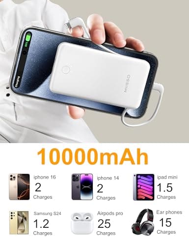 miisso Ultra Slim 10000mAh Power Bank Built-in Cables and Foldable AC Wall Plug, Pocket Size USB C Portable Charger, External Battery Pack Compatible with iPhone Samsung, White 5