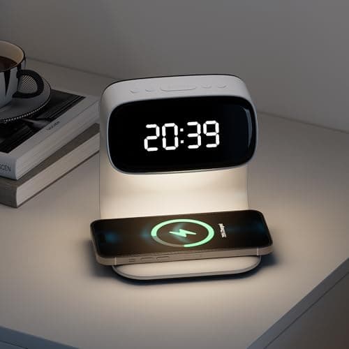 YIDPU Digital Alarm Clock with Wireless Fast Charging Station 15W Touch Smart Lamp for Bedside,3 Colors Nightlight Adjustment Night Lamp for Living Room,Bedside,Heavy Sleepers (White+Cable&Adapter) 7