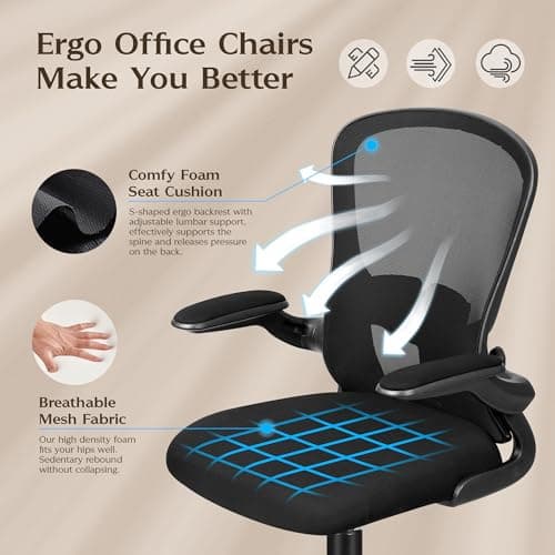 FelixKing Office Desk Chairs, Ergonomic PC Desk Chair with Wheels, Adjustable Lumbar Support and Height, Swivel Computer Chair with Flip-up Armrests, Ergo Mesh Backrest for Working (Black) 5