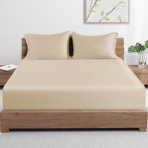 Bamboo Viscose Cooling Fitted Sheet King Size Only, 400 Thread Count, 16" Deep Pocket Cooling Bottom Sheets for Hot Sleeper, Silky Soft Breathable (King, Beige 7
