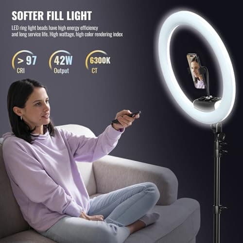 Ring Light with Stand, 19in LED Selfie Circle Light, Max 8ft/2.5m Tripod Stand, 3 Holders for iPhone, Remote Control, 6300K Color Temperature for Live Streaming, Barber, Makeup, YouTube, Tiktok 5