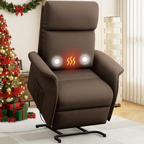 OKUP Power Lift Recliner Chair with Massage and Heat for Elderly, Electric Recliner Chairs for Adults with Side Pocket Remote Control, Infinite Position, Fabric (Brown)