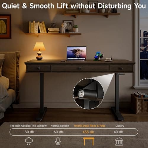 ONBRILL Standing Desk with Drawers, 55 x 23 Inch Electric Height Adjustable Desk with Storage & Outlets, for Computer Workstation, Home Office, Retro Curved Table Corner Design, Black Walnut 9