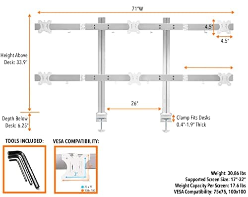 Stand Steady 6 Monitor Mount Desk Setup - Heavy-Duty Height Adjustable Monitor Stand, Swivel Arm with Clamp-On Base, 6 Screen VESA Mount Fits Most LCD/LED Monitors 17-32 in. (Silver, 6 Mounts) 6