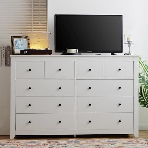 EnHomee 10 Drawer Dresser for Bedroom, Large Dressers & Chests for Bedroom,Modern White Wood Dresser for Clothes and Office Supplies, Multifunctional as TV Stand, Entryway Organizer Storage Cabinet 8
