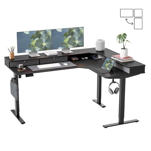 FEZIBO L Shaped Electric Standing Desk, 63 x48 inch Large with Drawers | Reversible Tabletop, 2 Memory Height Settings | Home Office & Gaming Height-Adjustable Table, Black Top/Black Frame