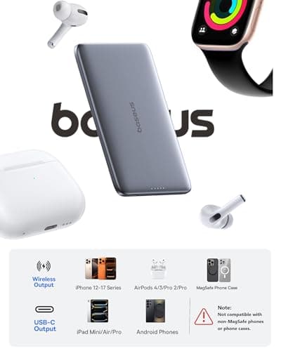 Baseus Picogo Power Bank, 0.3" Ultra Slim 5000mAh MagSafe Battery Pack, Update Polished Alloy Magnetic Portable Charger, Wireless Charger with USB-C Cable for iPhone 17 Pro Max/17 Air/16/15/14/13/12 7