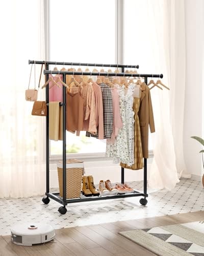 Sakugi Metal Clothes Rack - Double Rod Clothing Rack with Fixed Design and Rolling Wheels, Coat Rack with Built-In Shelf for Closet Organizers and Storage (38.5" x 16.9" x 59.0", Black) 7